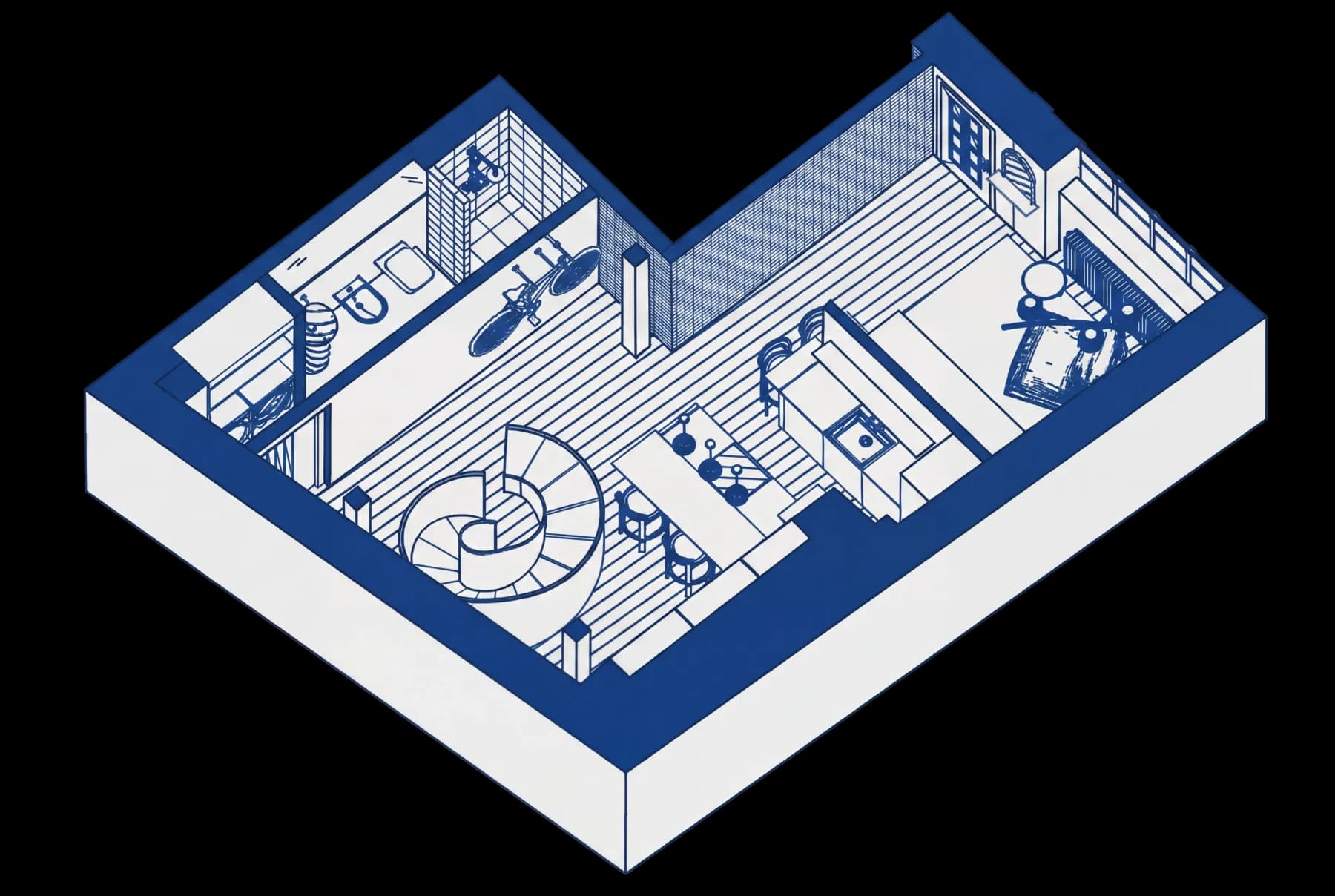 Isometric cutaway floor plan of a two-storey apartment
